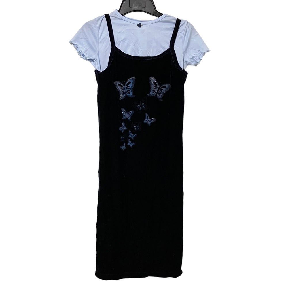 Vintage 90s Y2k Velvet Butterfly Blue Long Dress with Light Blue Shirt NWT